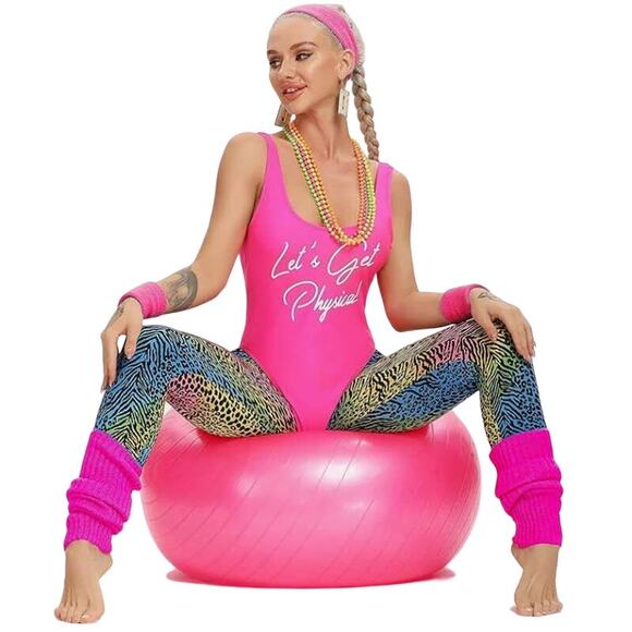 New Neon Pink Let's Get Physical 80's Workout Leotard XL - Picture 1 of 4
